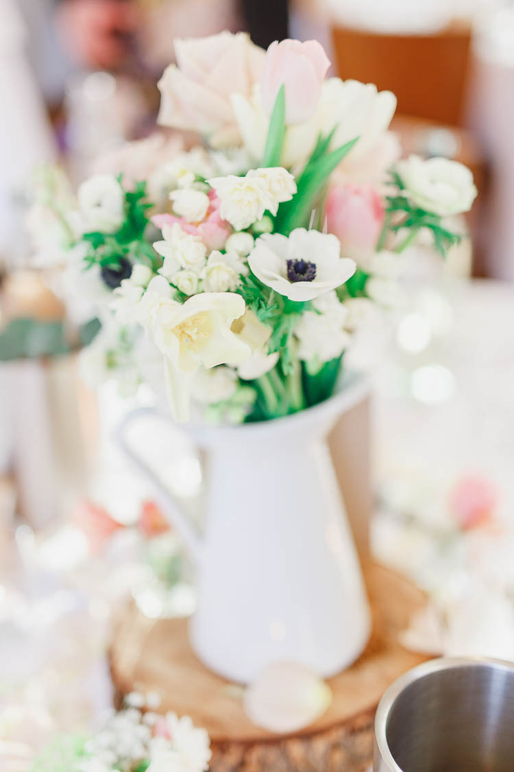 Jug Flowers Pink Cream Beautiful Rustic Fairy Lights Barn Wedding http://whitestagweddings.com/