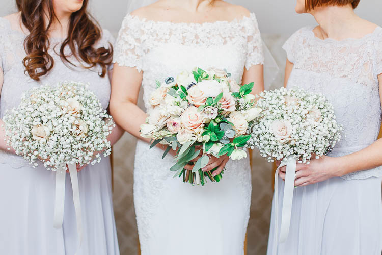Blush Pink Rose Bouquet Cream Ivory Flowers Bride Bridal Bridesmaids Gypshophila Beautiful Rustic Fairy Lights Barn Wedding http://whitestagweddings.com/