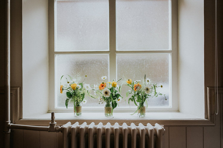 Flowers Jars Windowwill Radiator Collum Decor Stylish Hand Made Rainy Summer Barn Wedding http://www.kategrayphotography.com/