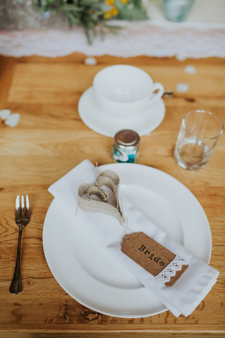 Place Name Setting Luggage Tag Heart Napkin Stylish Hand Made Rainy Summer Barn Wedding http://www.kategrayphotography.com/