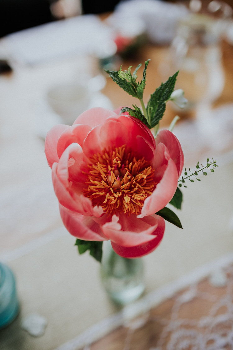 Coral Peony Flower Decor Stylish Hand Made Rainy Summer Barn Wedding http://www.kategrayphotography.com/