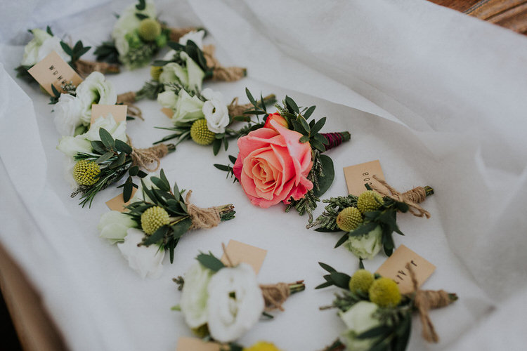 Buttonholes Roses Coral Cream Groom Groomsmen Stylish Hand Made Rainy Summer Barn Wedding http://www.kategrayphotography.com/