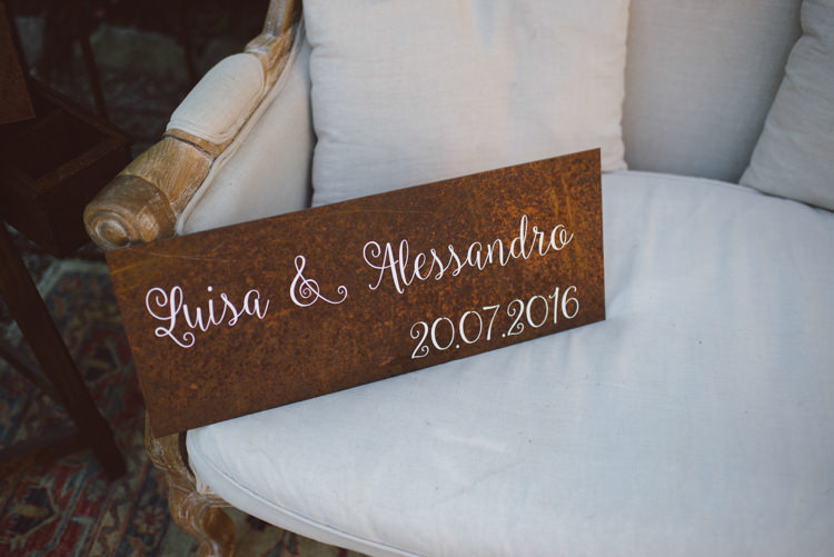Vintage Cigar Bar Wooden Personalised Sign White Calligraphy Vintage Cream Sofa Botanical Copper Greenery Lake Como Wedding http://margheritacalatiphotography.com/