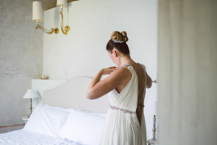 Bride V Neck Jenny Packham Embellished Bridal Gown Crystal Hairpiece Bun Hairstyle Botanical Copper Greenery Lake Como Wedding http://margheritacalatiphotography.com/