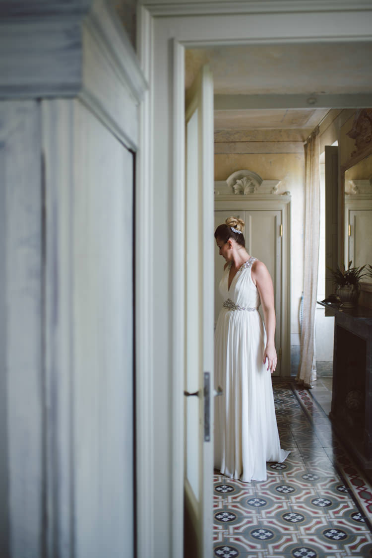 Bride V Neck Jenny Packham Embellished Bridal Gown Crystal Hairpiece Bun Hairstyle Antique Wardrobe Botanical Copper Greenery Lake Como Wedding http://margheritacalatiphotography.com/