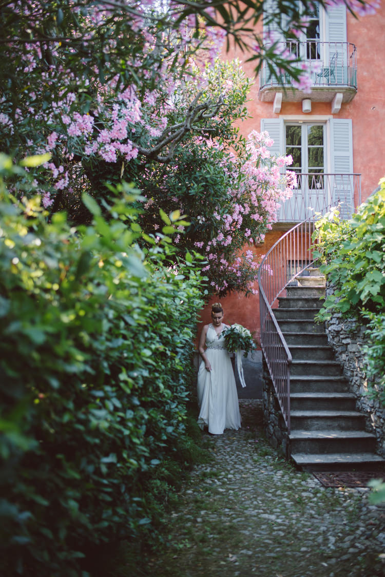 Bride V Neck Jenny Packham Embellished Bridal Gown Bouquet Villa Pink Floral Tree Botanical Copper Greenery Lake Como Wedding http://margheritacalatiphotography.com/