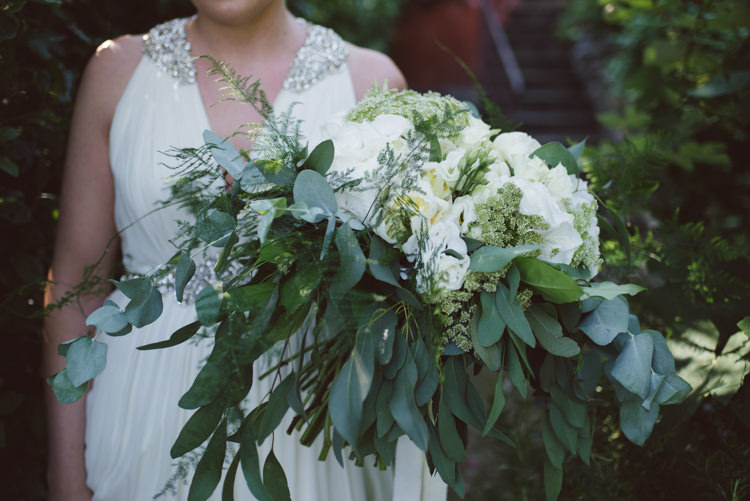 Bride V Neck Jenny Packham Embellished Bridal Gown Bouquet White Cream Florals Roses Greenery Eucalyptus Botanical Copper Greenery Lake Como Wedding http://margheritacalatiphotography.com/