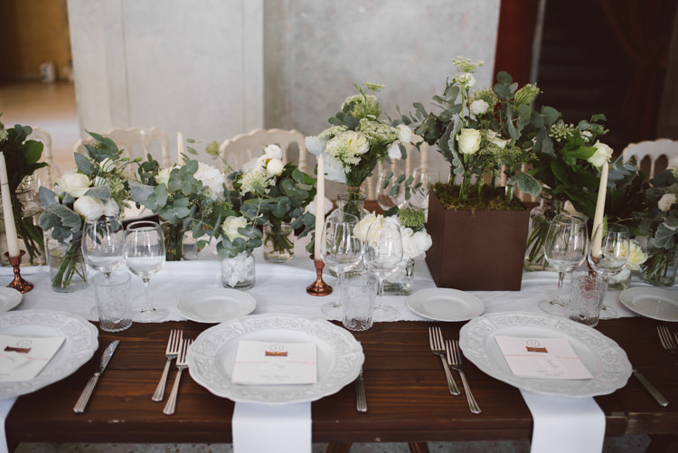 Reception Long Wooden Table White Chairs White Table Runner Copper Candlesticks White Patterned China Botanical Copper Greenery Lake Como Wedding http://margheritacalatiphotography.com/
