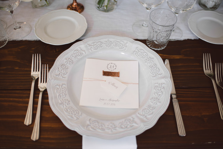 Reception Table Setting White Patterned China White Copper Wedding Stationery Botanical Copper Greenery Lake Como Wedding http://margheritacalatiphotography.com/