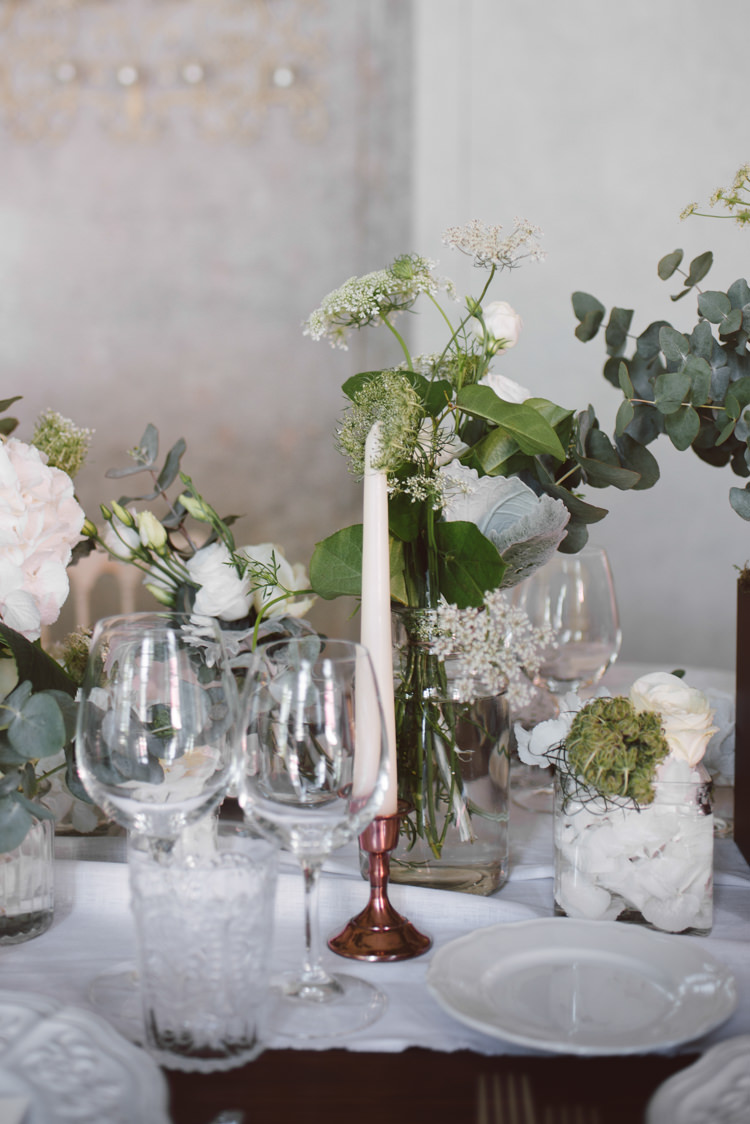 Reception Wooden Table White Table Runner White Florals Greenery Copper Candlesticks Botanical Copper Greenery Lake Como Wedding http://margheritacalatiphotography.com/