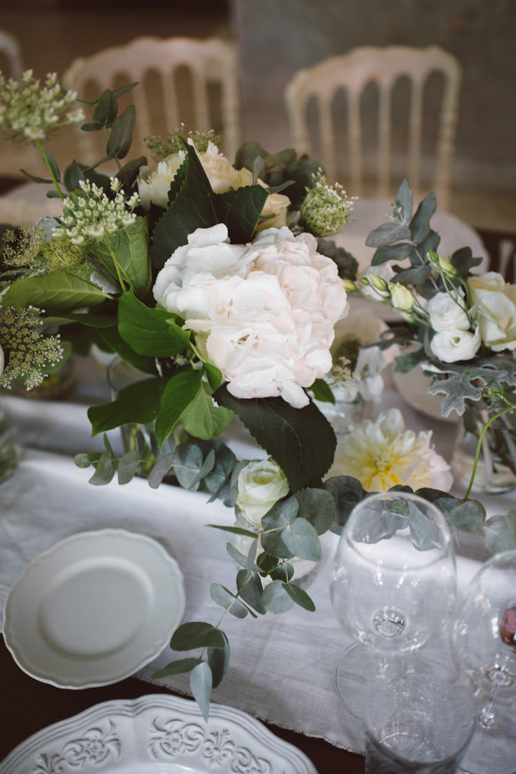 Reception Wooden Table White Chairs White Table Runner White Florals Greenery White Patterned China Botanical Copper Greenery Lake Como Wedding http://margheritacalatiphotography.com/