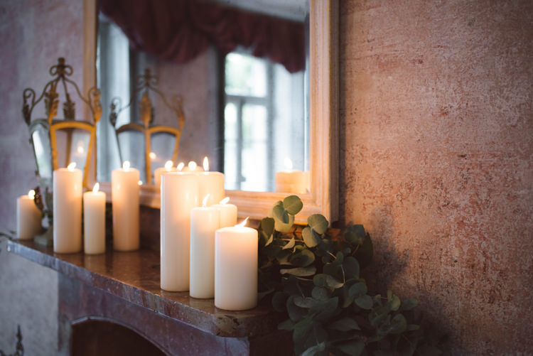 Vintage Décor Candles Lantern Eucalyptus Fireplace Mirror Botanical Copper Greenery Lake Como Wedding http://margheritacalatiphotography.com/