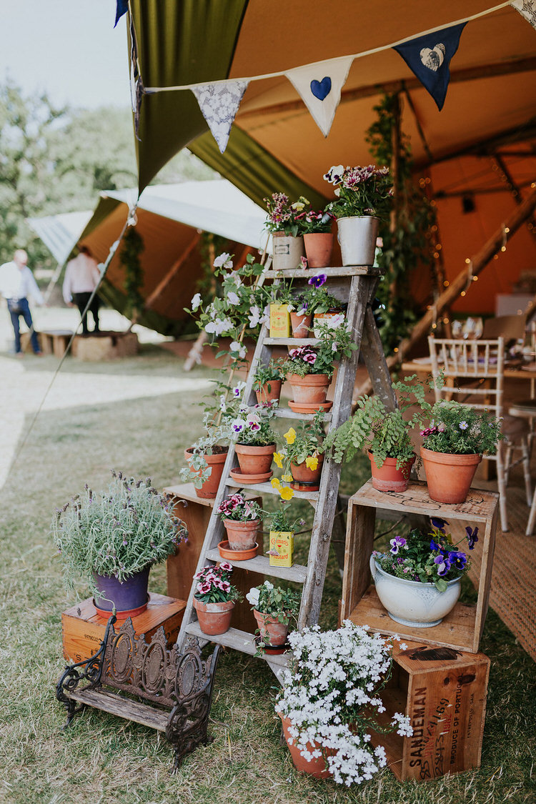 Ladder Decor Potted Plants Flowers Crates Adventure Country Tipi Farm Wedding http://www.kategrayphotography.com/