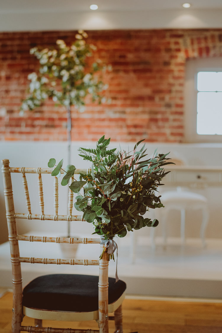 Pew End Aisle Chairs Ceremony Flowers Foliage Greenery Modern Minimal Botanical Winter Wedding http://bigbouquet.co.uk/