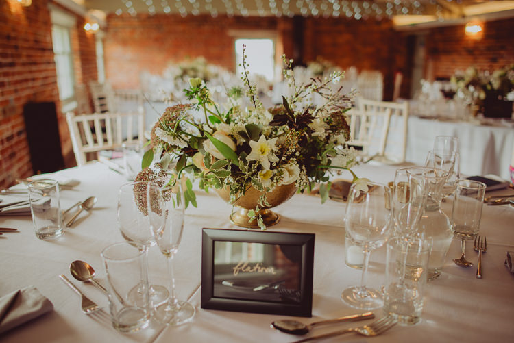 Bouquet Flowers Gold Urn Centrepiece Table Greenery Foliage Burgundy White Ribbon Modern Minimal Botanical Winter Wedding http://bigbouquet.co.uk/