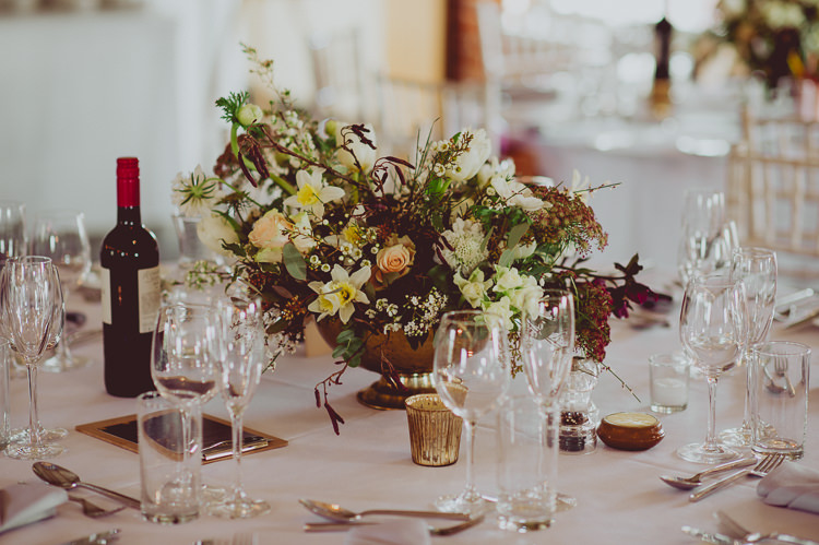 Bouquet Flowers Urn Gold Centrepiece Greenery Foliage Burgundy White Ribbon Modern Minimal Botanical Winter Wedding http://bigbouquet.co.uk/