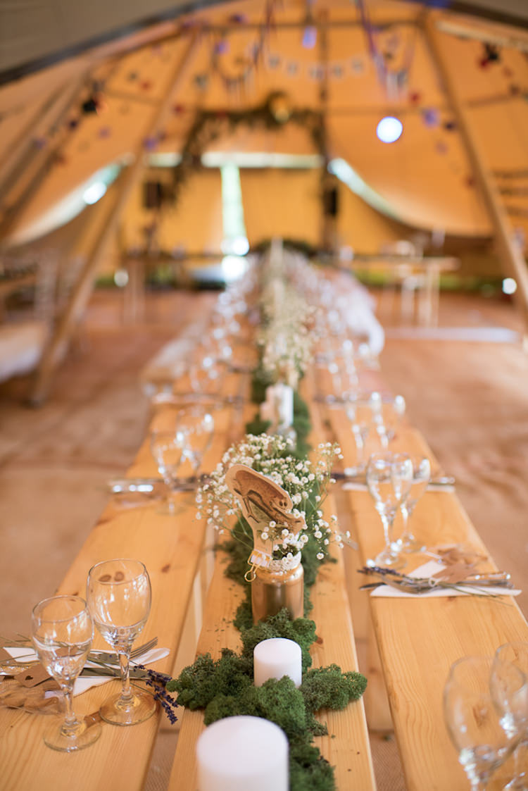 Tipi Long Table Rustic Decor Moss Runner Flowers Informal Camp Woodland Wedding https://stevenanthonyphotography.co.uk/