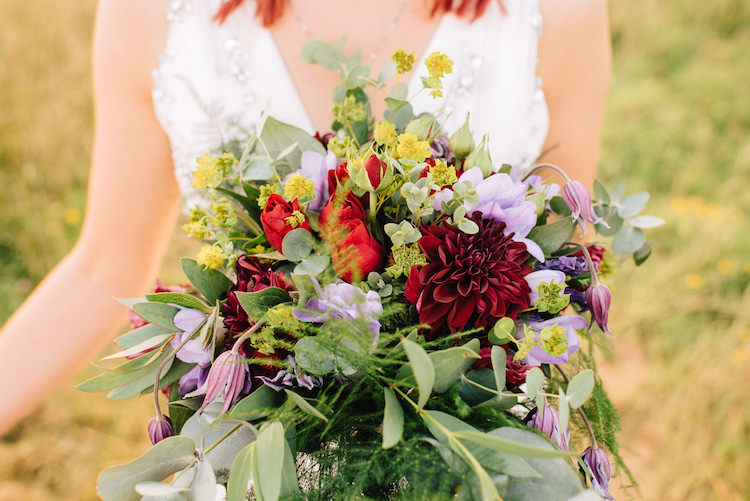 Bouquet Flowers Bride Bridal Red Dahlia Rose Purple Informal Camp Woodland Wedding https://stevenanthonyphotography.co.uk/