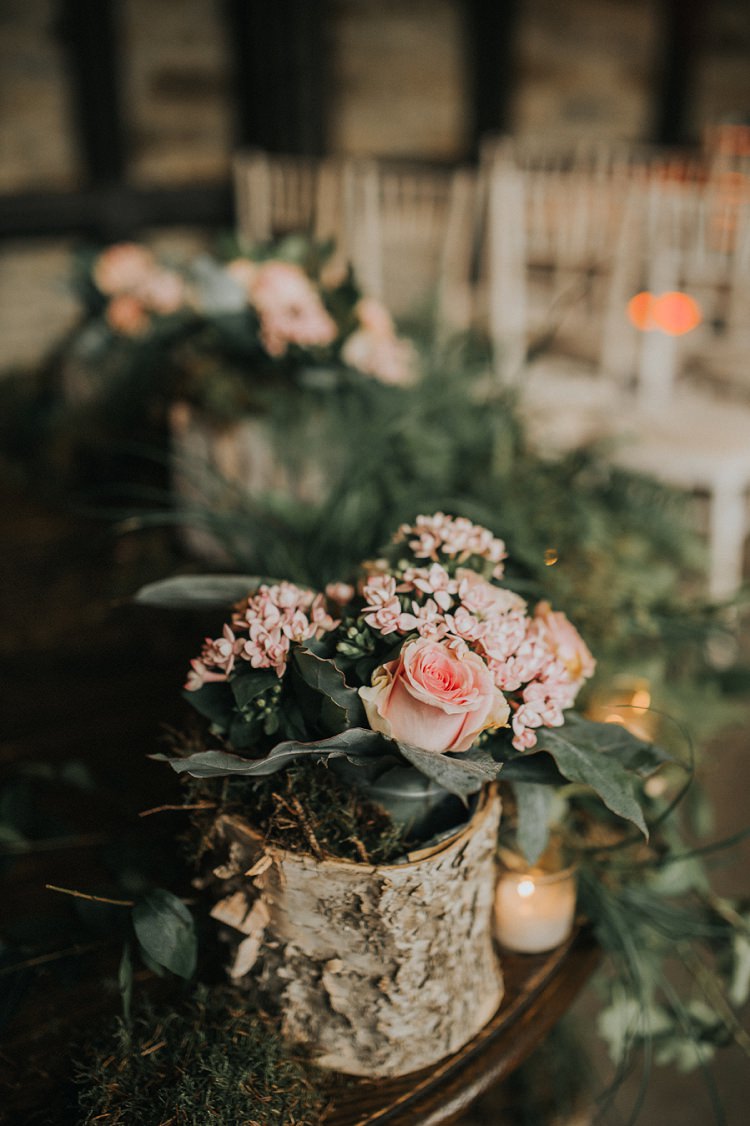 Log Vase Flowers Pink Rose Greenery Enchanting Woodland Boho Wedding http://www.kerrydiamondphotography.com/