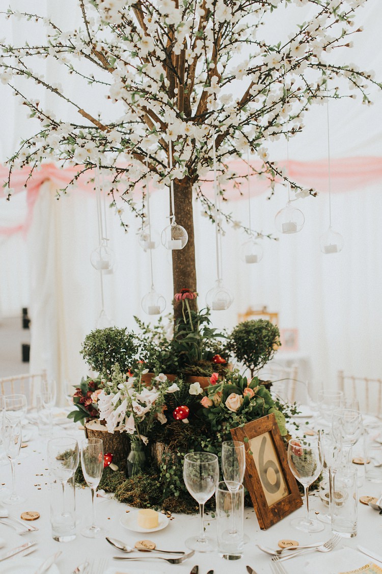 Blossom Tree Centrepiece Decor Flowers Candles Moss Logs Table Enchanting Woodland Boho Wedding http://www.kerrydiamondphotography.com/