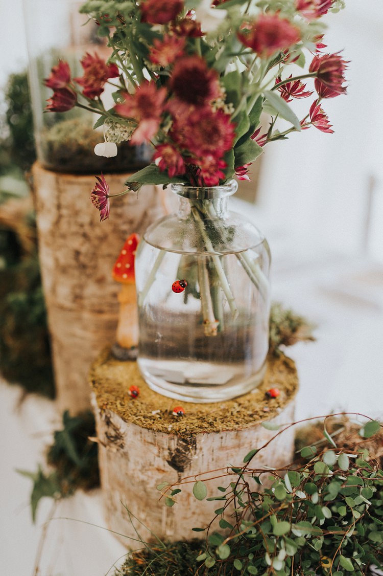 Logs Flowers Animals Roses Foliage Greenery Decor Toadstools Enchanting Woodland Boho Wedding http://www.kerrydiamondphotography.com/