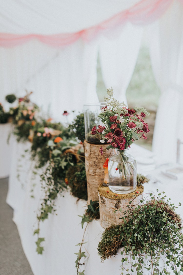 Logs Flowers Animals Hare Roses Foliage Greenery Decor Toadstools Enchanting Woodland Boho Wedding http://www.kerrydiamondphotography.com/