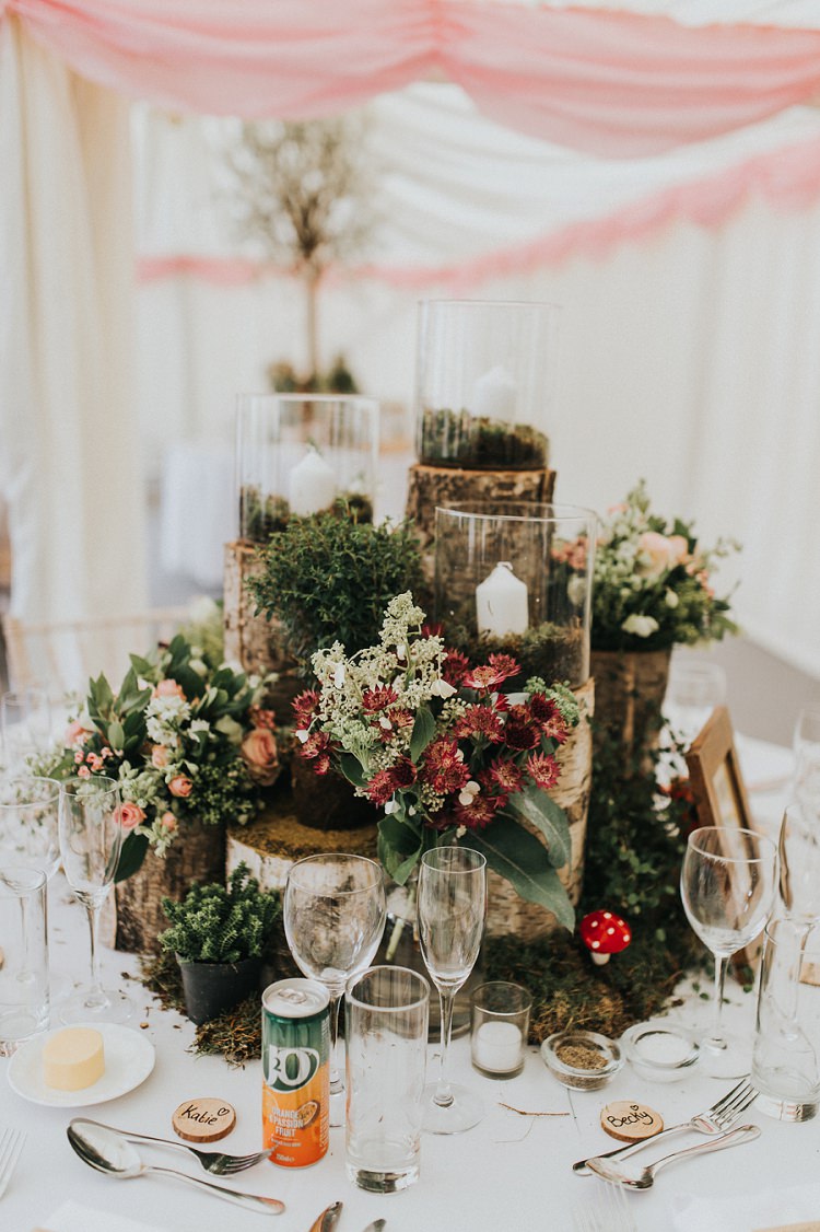 Centrepiece Decor Moss Logs Flowers Enchanting Woodland Boho Wedding http://www.kerrydiamondphotography.com/