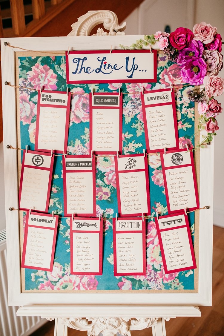 Table Plan Seating Chart Rose Floral Bands Music Fun Colourful Modern Music Wedding http://hollycollingsphotography.com/