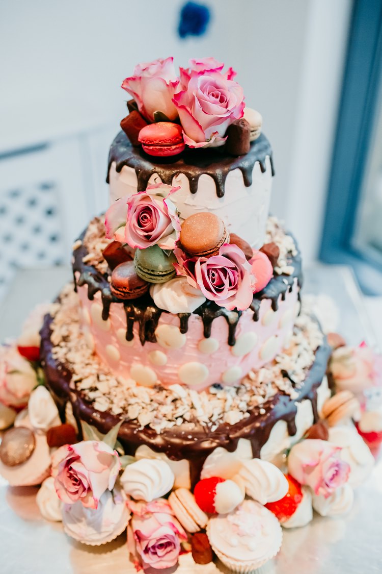 Drip Cake Rose Macaron Strawberries Fun Colourful Modern Music Wedding http://hollycollingsphotography.com/