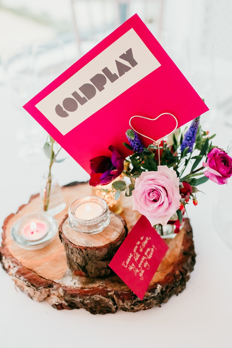 Table Centre Wood Slice Band Name Rose Candle Jar Fun Colourful Modern Music Wedding http://hollycollingsphotography.com/