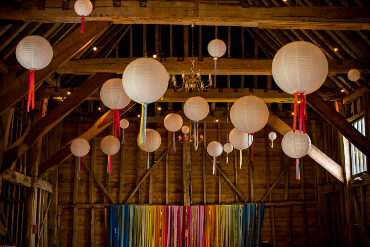 Lanterns Rainbow Ribbon Streamer Backdrop Barn Decor Fun Multicolour Creative Barn Wedding http://www.mattparryphotography.co.uk/