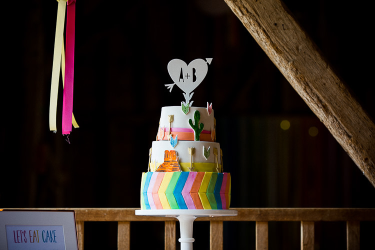 Rainbow Chevron Cake Quirky Cool Fun Multicolour Creative Barn Wedding http://www.mattparryphotography.co.uk/