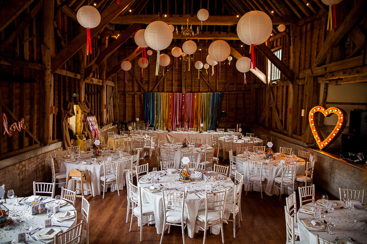 Barn Rainbow Backdrop Lanterns Fun Multicolour Creative Barn Wedding http://www.mattparryphotography.co.uk/
