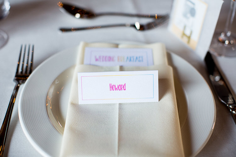 Rainbow Place Name Card Fun Multicolour Creative Barn Wedding http://www.mattparryphotography.co.uk/
