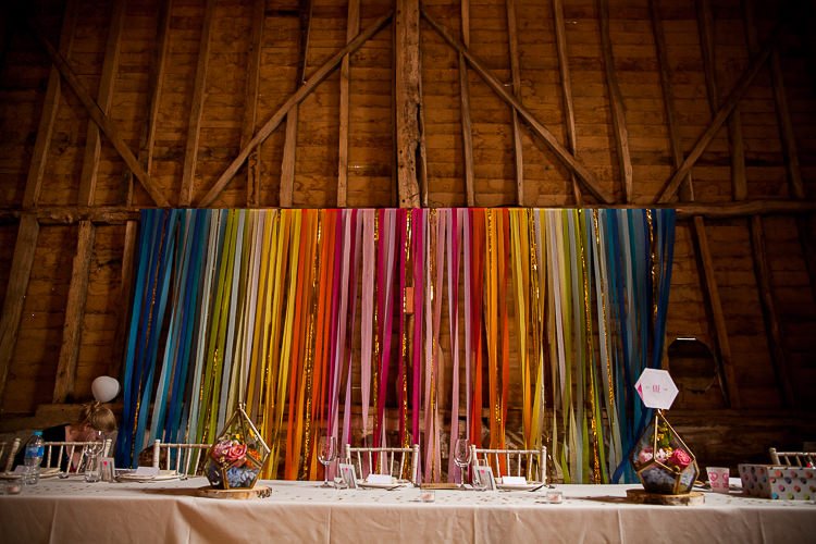 Rainbow Ribbon Streamer Backdrop Barn Decor Fun Multicolour Creative Barn Wedding http://www.mattparryphotography.co.uk/