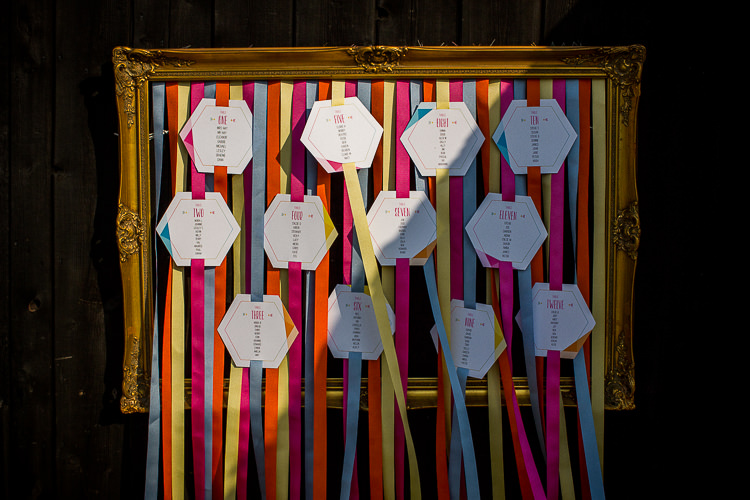 Rainbow Ribbon Seating Plan Chart Frame Fun Multicolour Creative Barn Wedding http://www.mattparryphotography.co.uk/