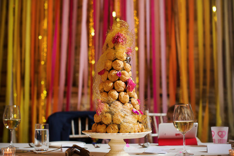 Profiteroles Tower Cake Fun Multicolour Creative Barn Wedding http://www.mattparryphotography.co.uk/