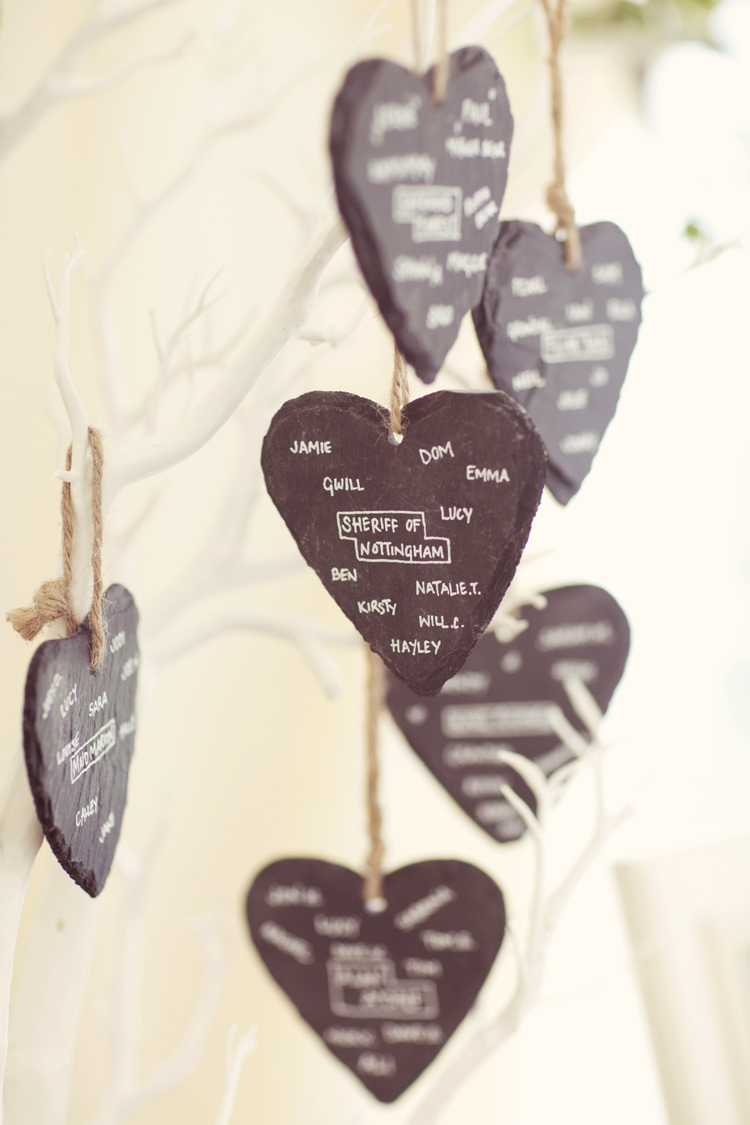 Slate Heart Hanging Seating Plan Table Chart Whimsical Woodland Autumn Wedding http://www.rebeccaweddingphotography.co.uk/ 