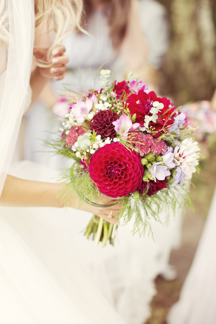 Bouquet Flowers Bride Bridal Dahlia Red Pink Whimsical Woodland Autumn Wedding http://www.rebeccaweddingphotography.co.uk/ 