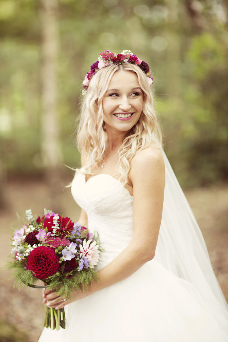 Flower Crown Bouquet Dahlia Bride Bridal Princess Dress Whimsical Woodland Autumn Wedding http://www.rebeccaweddingphotography.co.uk/ 