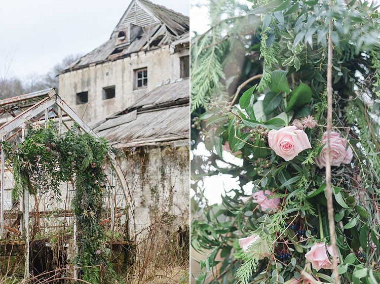Flower Arch Backdrop Doorway Ceremony Greenery Foliage Botanical Beauty Abandoned Greenhouse Wedding Ideas https://www.thegibsonsphotography.co.uk/