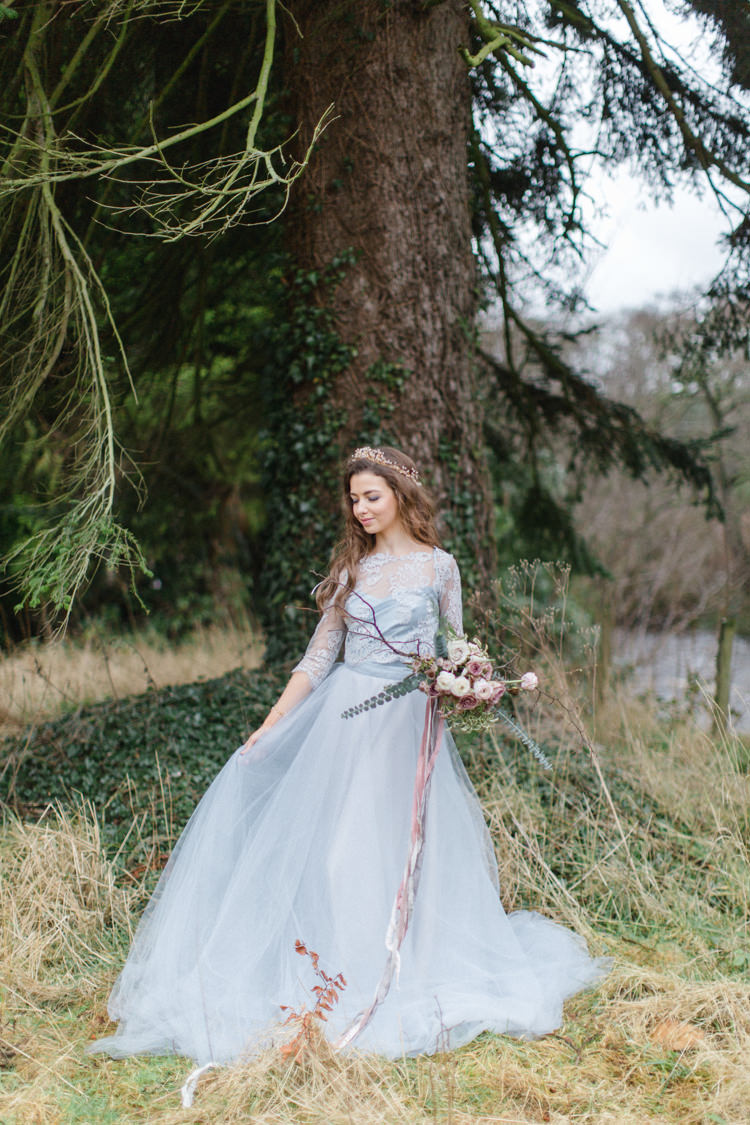Blue Grey Dress Gown Bride Bridal Tulle Lace Skirt Botanical Beauty Abandoned Greenhouse Wedding Ideas https://www.thegibsonsphotography.co.uk/