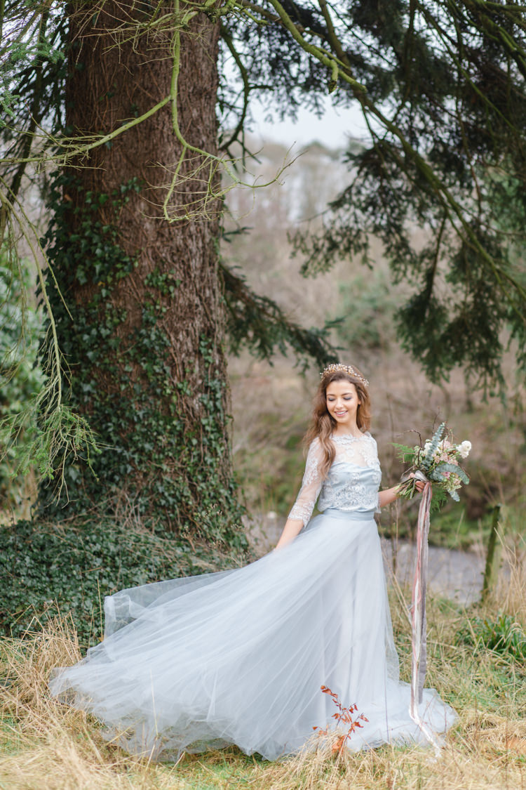 Blue Grey Dress Bride Bridal Skirt Tulle Botanical Beauty Abandoned Greenhouse Wedding Ideas https://www.thegibsonsphotography.co.uk/