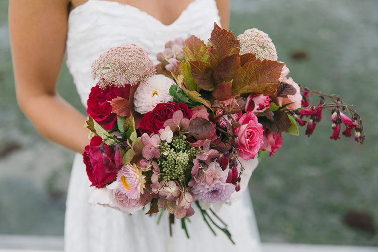 Bouquet Flowers Bride Bridal Pink Red Rose Hydrangea Leaf Dahlia Creative Cool Bohemian Harbourside Wedding http://carohutchings.com/