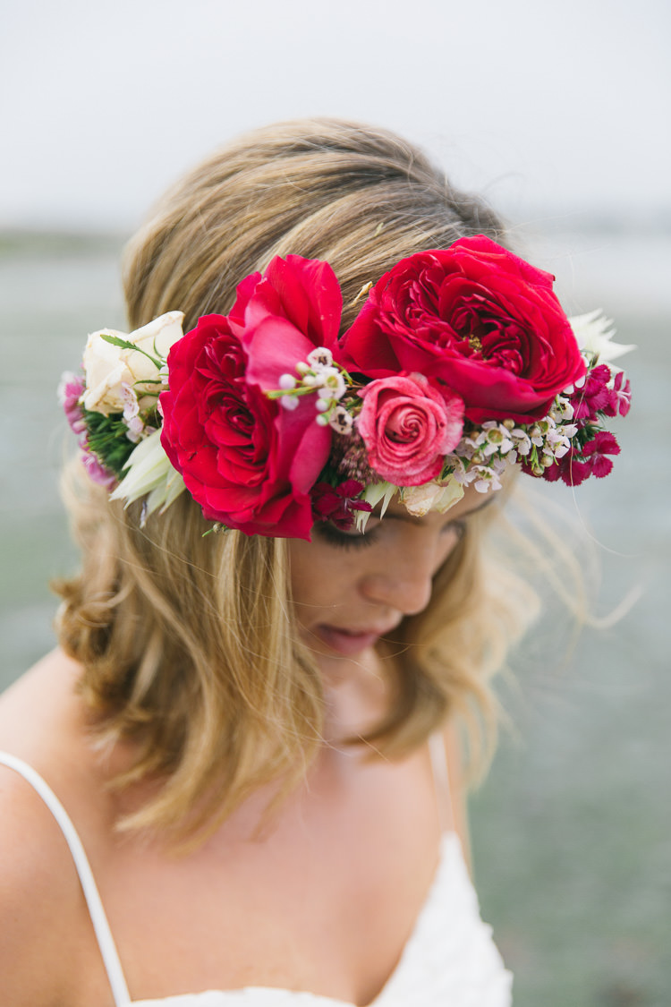 Flower Crown Bride Bridal Red Pink Rose Peony Pretty Headdress Accessory Creative Cool Bohemian Harbourside Wedding http://carohutchings.com/