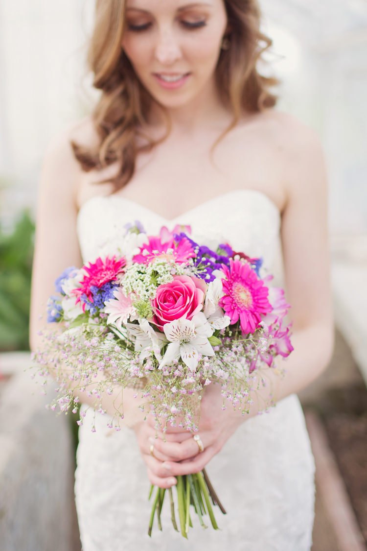 Bride Bridal Bouquet Pink Gerbera Gypsophila Purple Flowers Colour Pop Summer French Chateau Wedding http://www.cottoncandyweddings.co.uk/