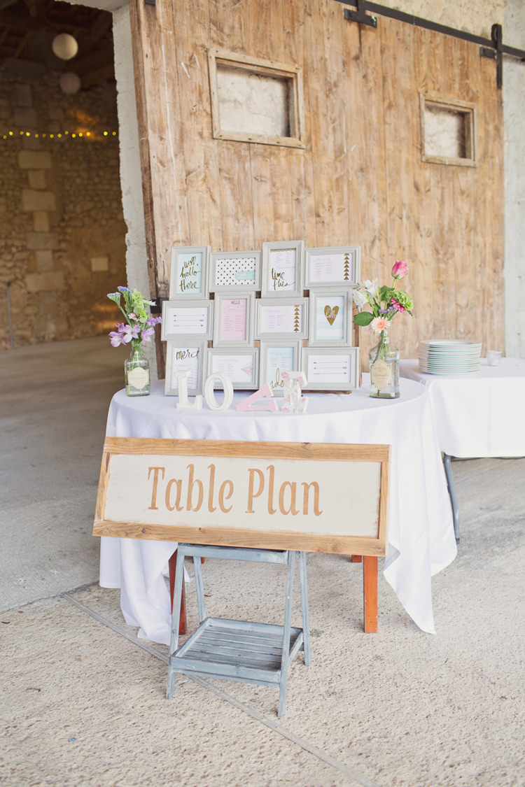 Table Plan Seating Chart Frame Love Wood Sign Colour Pop Summer French Chateau Wedding http://www.cottoncandyweddings.co.uk/