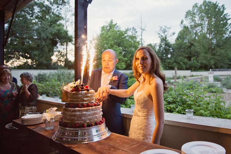 Naked Cake Cutting Sparklers Berries Colour Pop Summer French Chateau Wedding http://www.cottoncandyweddings.co.uk/