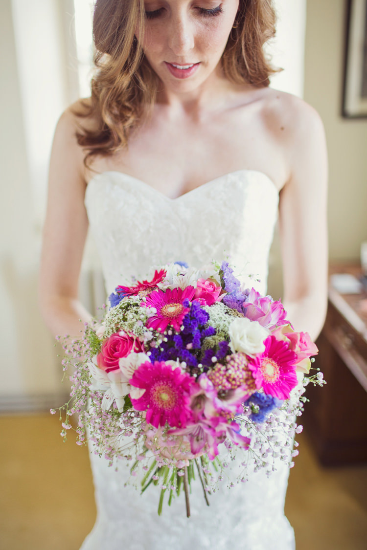Bride Bridal Bouquet Pink Purple Gerbera Gypsophila Roses Colour Pop Summer French Chateau Wedding http://www.cottoncandyweddings.co.uk/