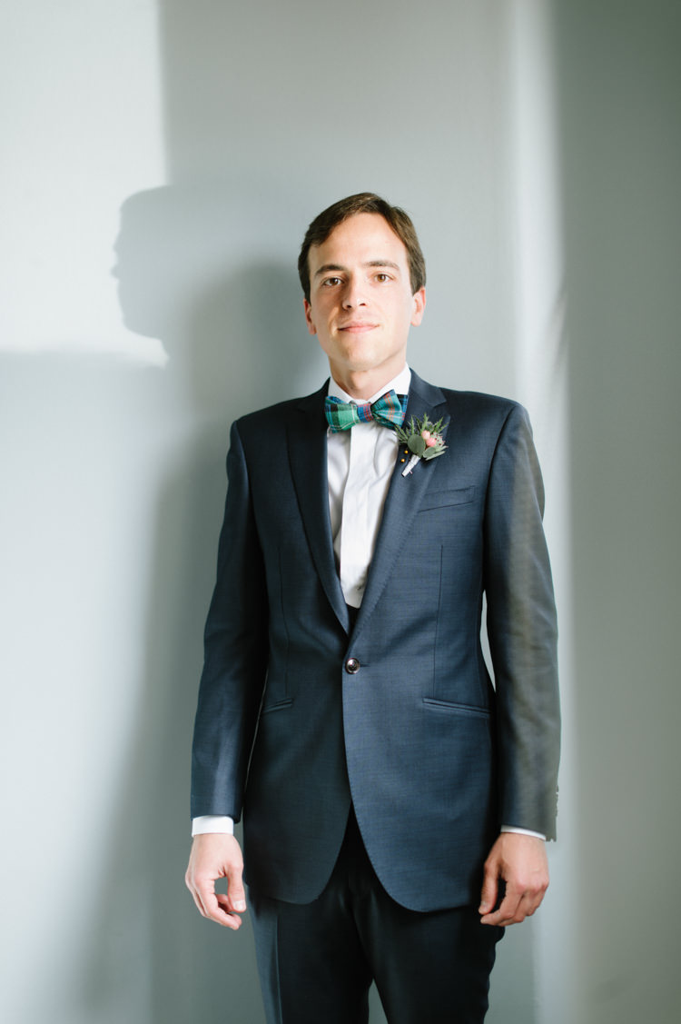 Blue Suit Tartan Bow Tie Groom Opulent Metallics City Library Wedding http://www.croandkowlove.com/